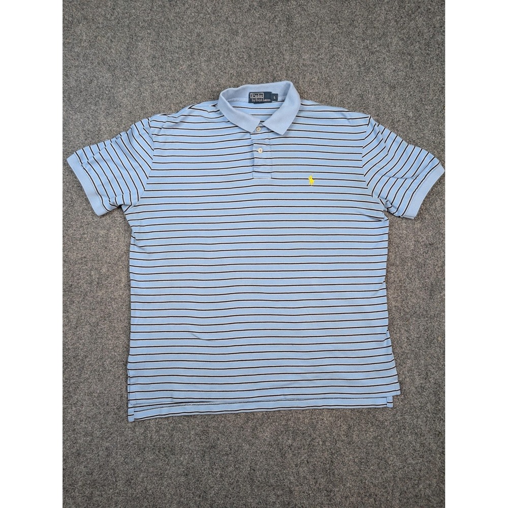 Ralph‎ Lauren Polo Shirt Mens Large Blue Striped Yellow Pony Short Sleeve Pique